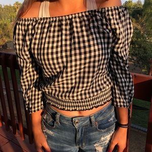 Plaid off the shoulder top